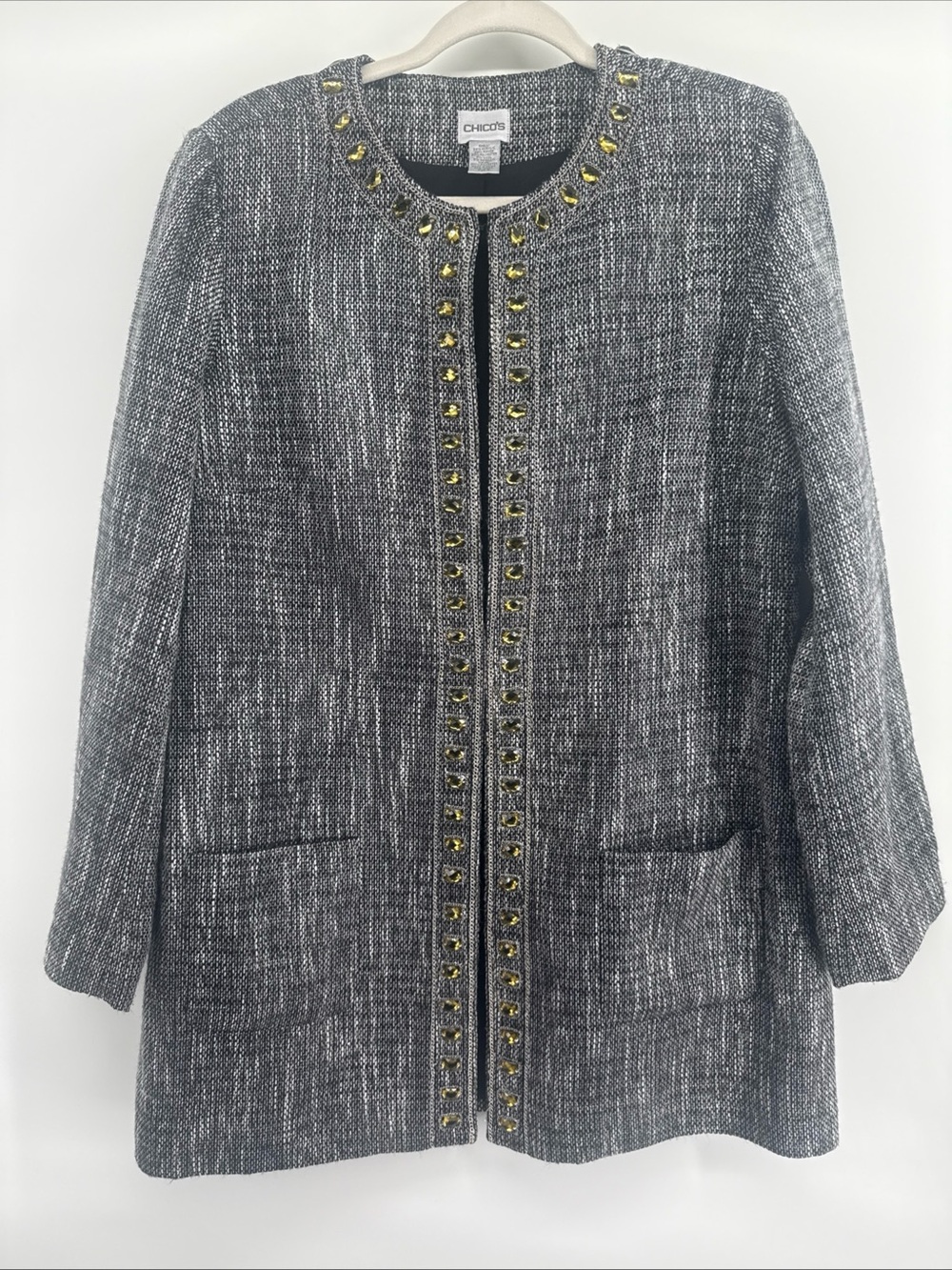 Chico's Black & White Tweed Jacket with Gold Stud Trim
